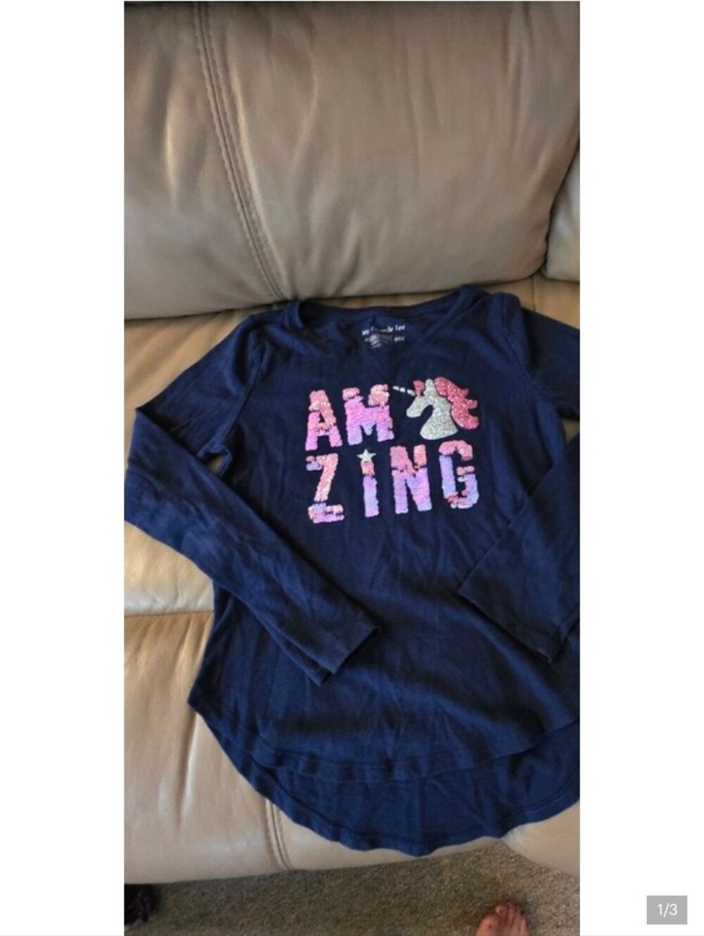Navy 'AMAZING' Sequin Unicorn Long-Sleeve Top for Kids